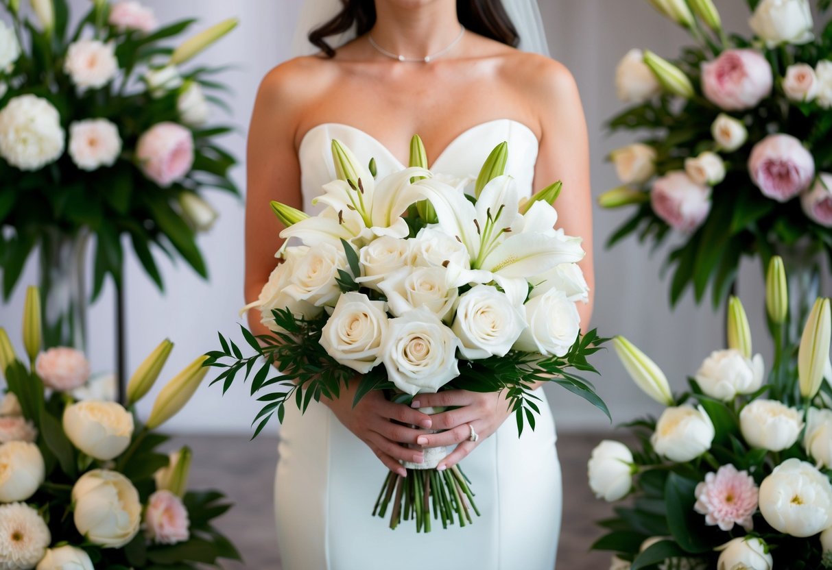 A bride holds a bouquet of white roses and lilies, symbolizing purity and devotion. Floral arrangements of roses and peonies adorn the wedding venue