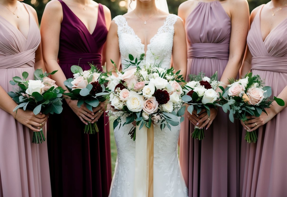 A bride's bouquet and bridesmaids' dresses in coordinating colors and styles, arranged in a cohesive wedding aesthetic