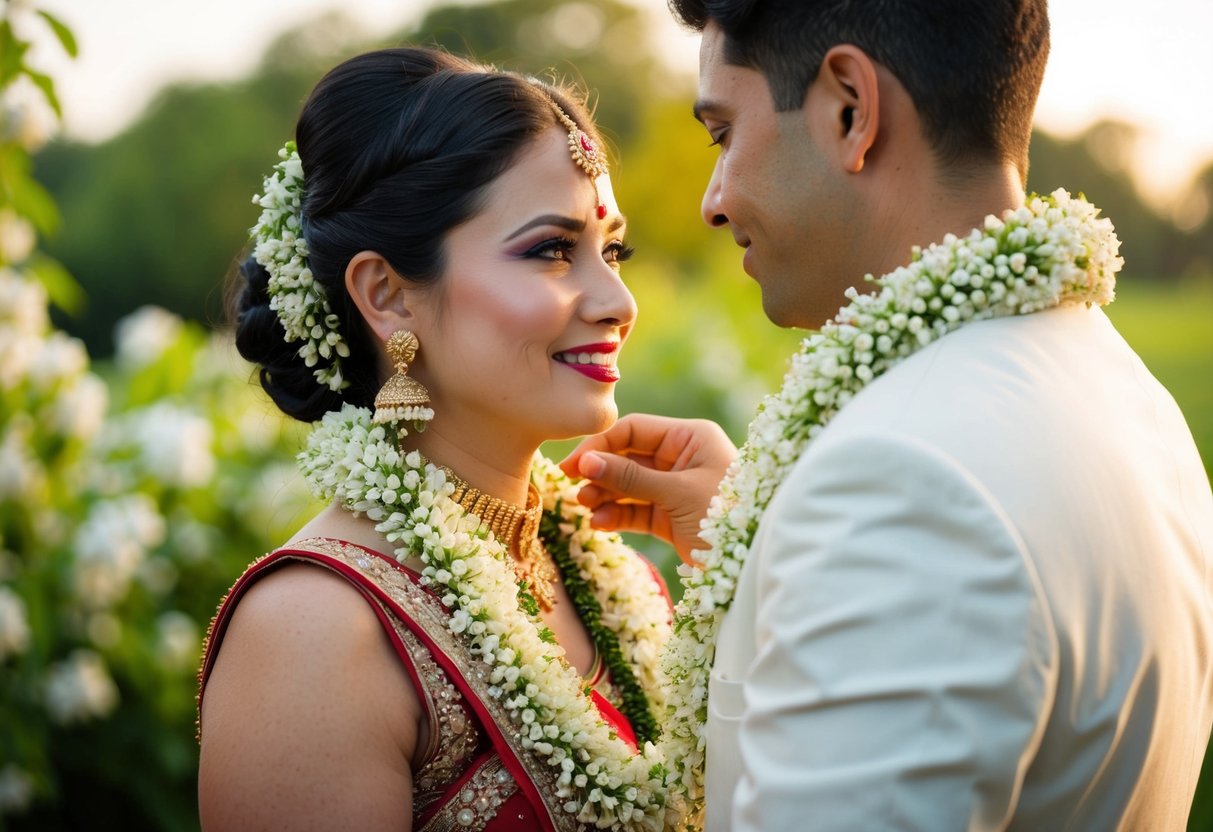 A bride placing a garland of white jasmine flowers around her partner's neck