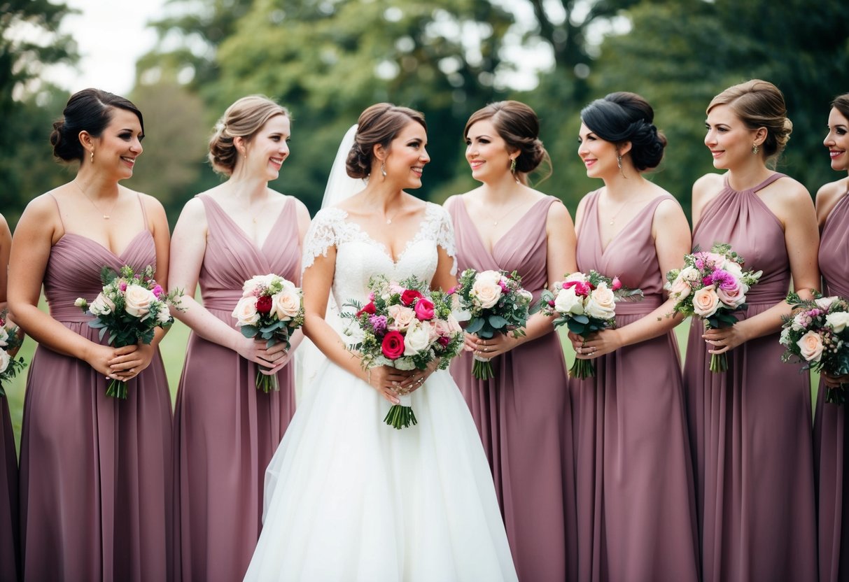 A bride stands surrounded by her bridesmaids, each holding a bouquet. The bride's bouquet contrasts in color and size, adding a unique touch to the scene