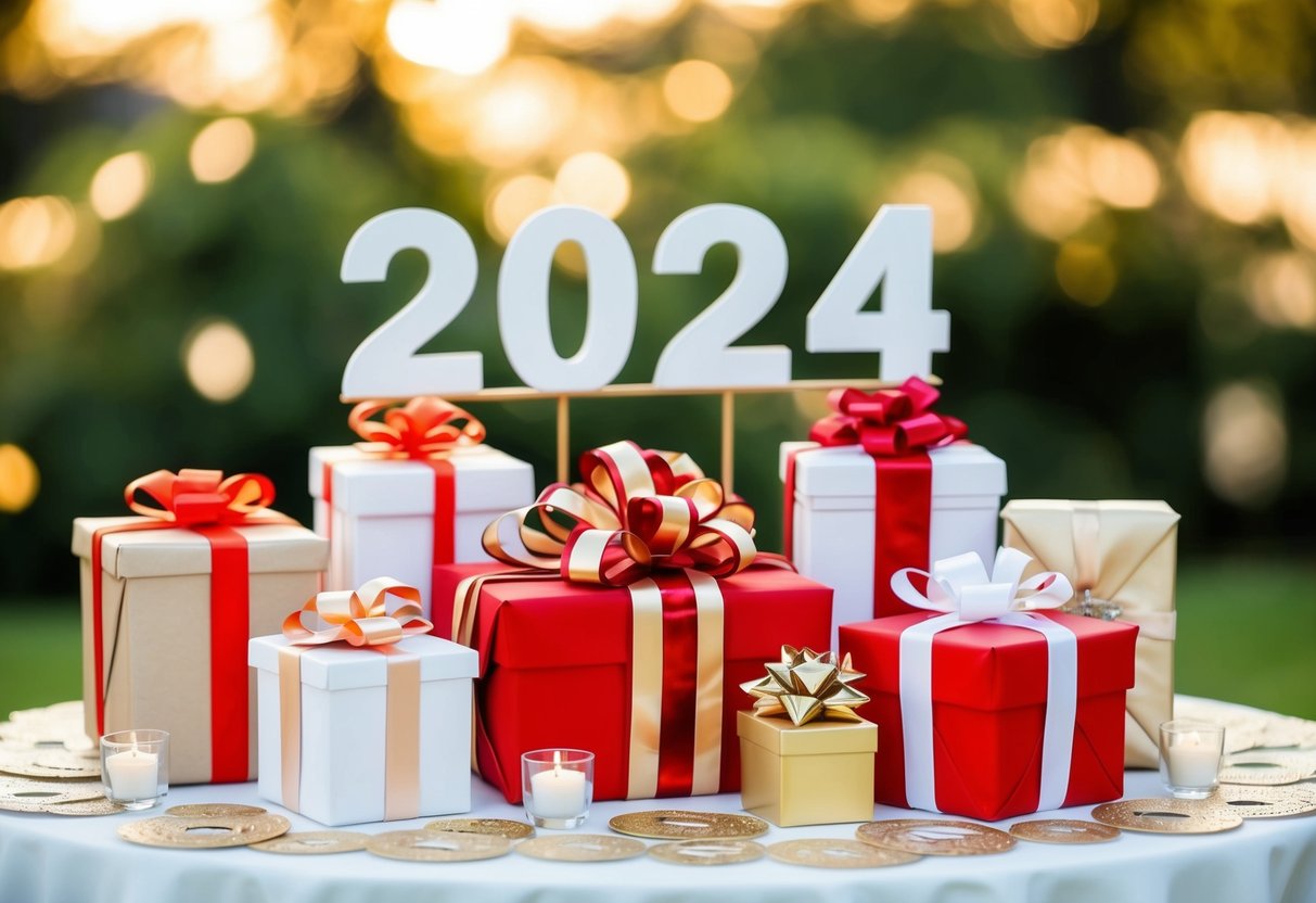 A beautifully decorated wedding gift table with various wrapped presents and a sign indicating the year 2024