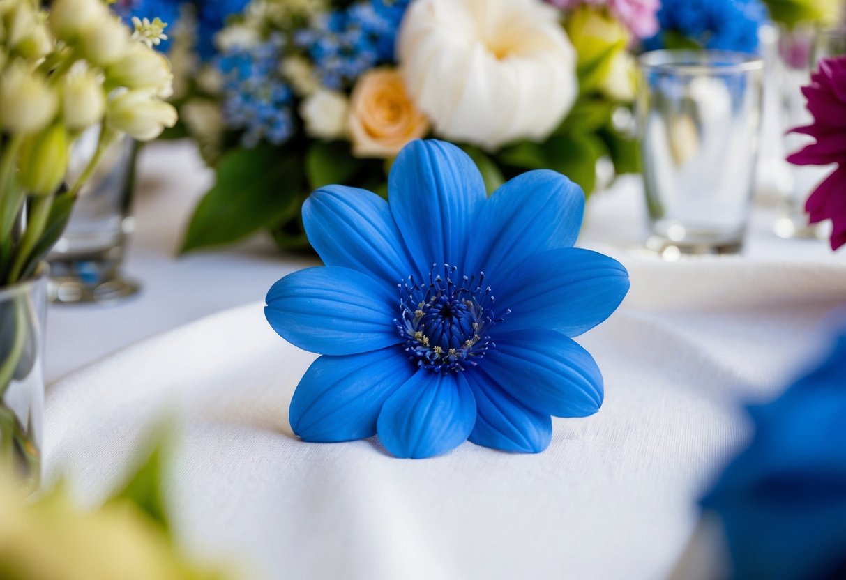 A blue flower sits on a white tablecloth, surrounded by other colorful blooms. It stands out, adding a touch of uniqueness and tranquility to the wedding decor
