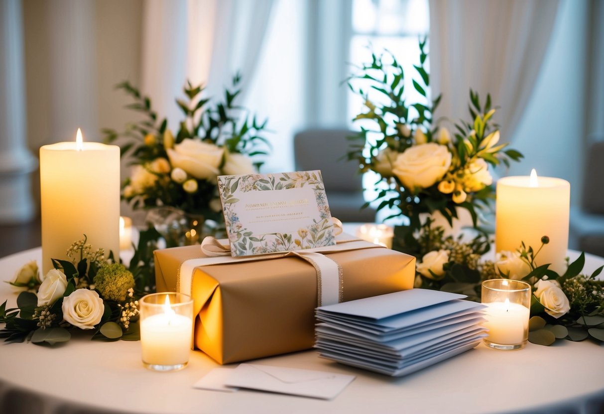 A beautifully wrapped wedding gift sitting on a table with a decorative card and a stack of envelopes, surrounded by elegant floral arrangements and soft candlelight