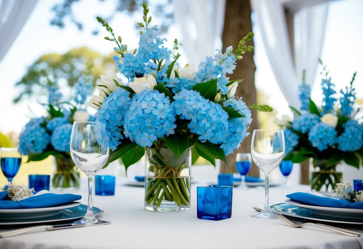 A wedding table adorned with blue blossoms, symbolizing peace and serenity in the marriage ceremony