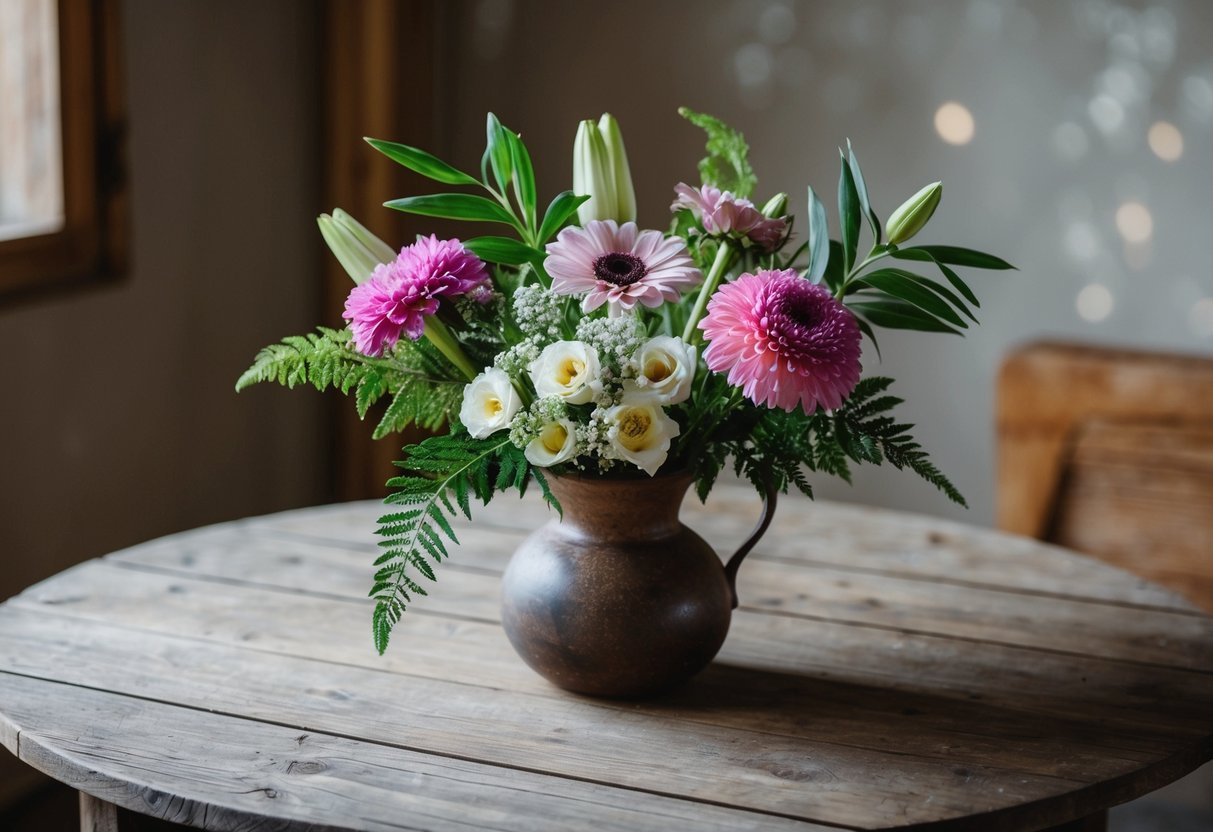 A hand-tied bouquet of six flowers, each representing a different meaning, arranged in a rustic vase on a wooden table