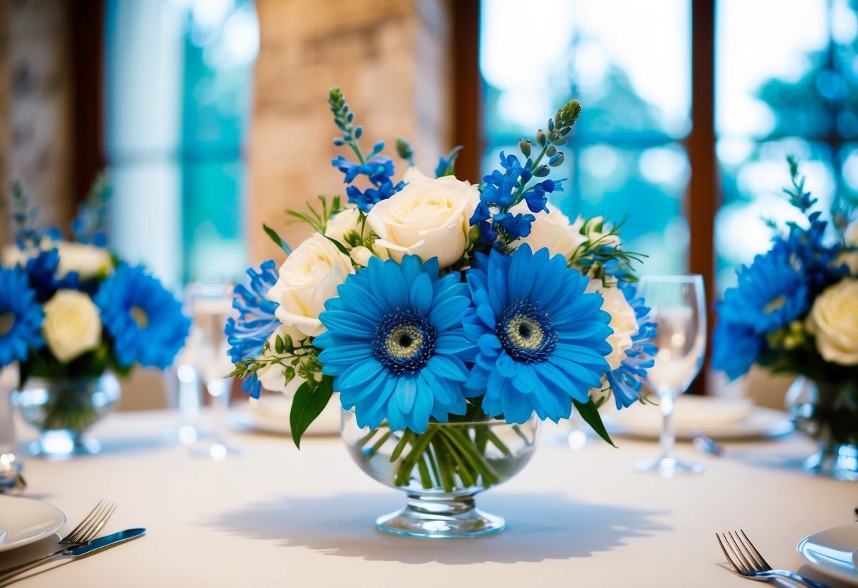 A wedding table adorned with blue flowers symbolizing purity, love, and fidelity in bridal traditions