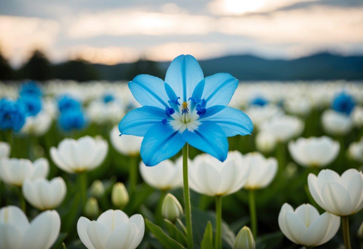 A serene blue flower stands out among a sea of white blooms at a wedding, symbolizing tranquility and emotional depth