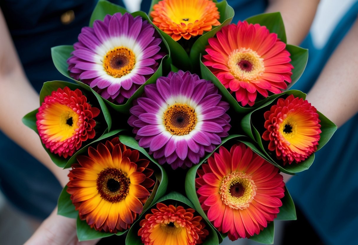 A bouquet of 6 flowers arranged in a circular pattern, with a mix of colors and sizes, symbolizing harmony and balance