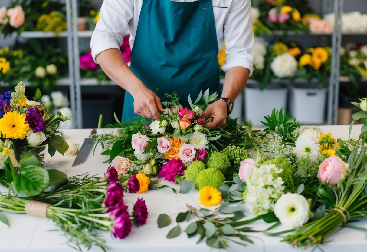 A florist arranging a variety of fresh flowers in preparation for a wedding, with colorful blooms and greenery spread out on a work table