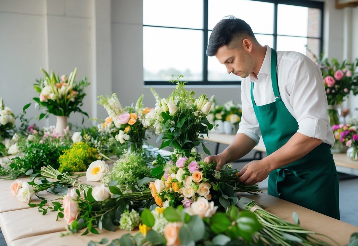 A florist arranging fresh flowers in preparation for a wedding, with various blooms and greenery spread out on a work table