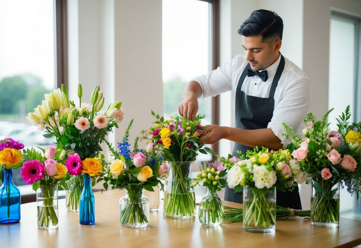 A florist arranging a variety of fresh flowers in vases and bouquets, preparing for a wedding