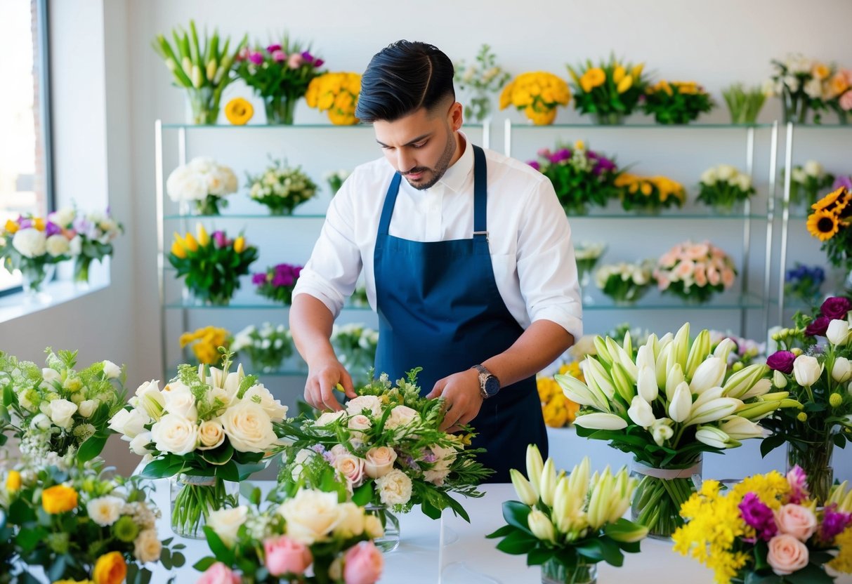 A florist arranging an array of fresh flowers in preparation for a wedding, carefully selecting and arranging them into beautiful bouquets and centerpieces