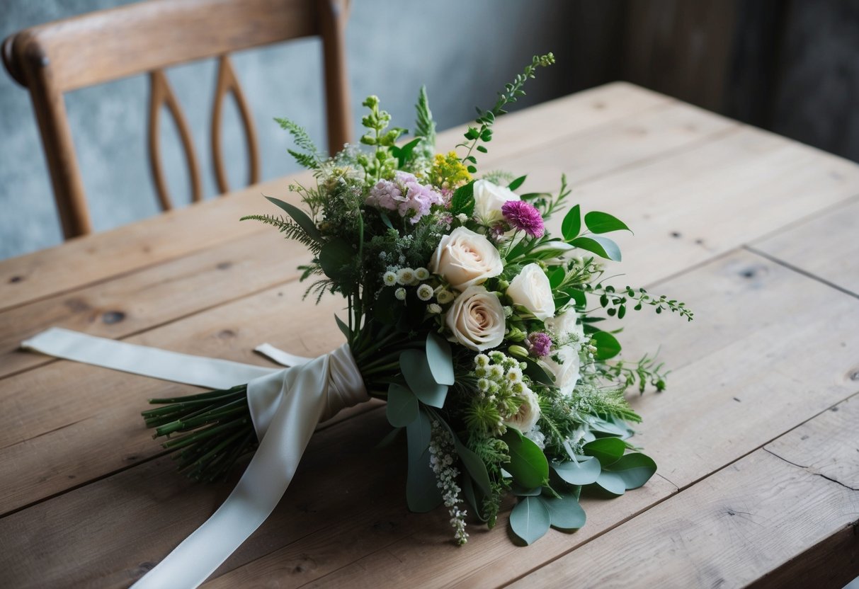 A delicate bridal bouquet of assorted flowers and greenery, wrapped in satin ribbon, rests on a rustic wooden table