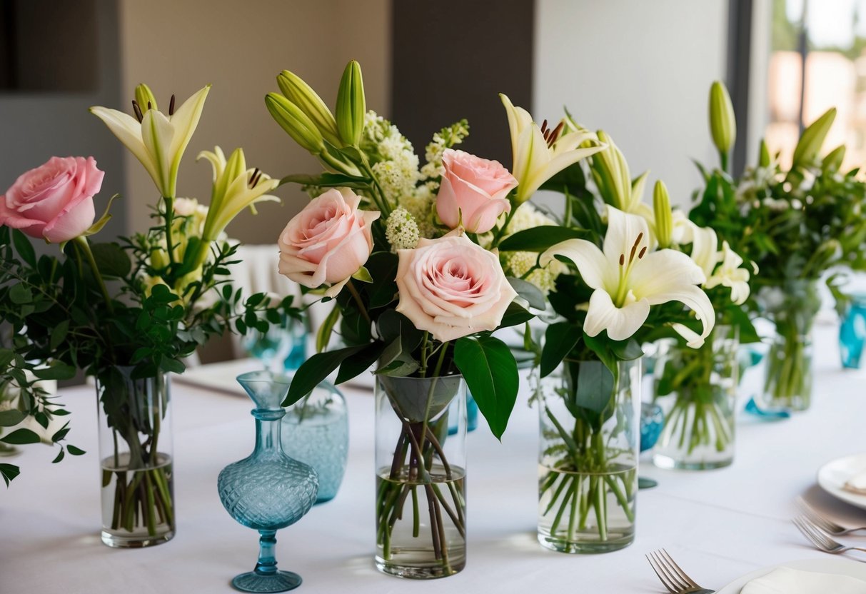 A table with various floral arrangements, including roses, lilies, and greenery, displayed in glass vases