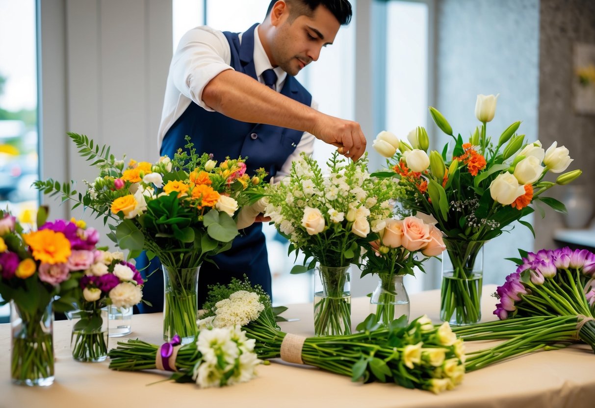 A florist arranging a variety of fresh flowers in preparation for a wedding, carefully selecting and arranging them in beautiful bouquets