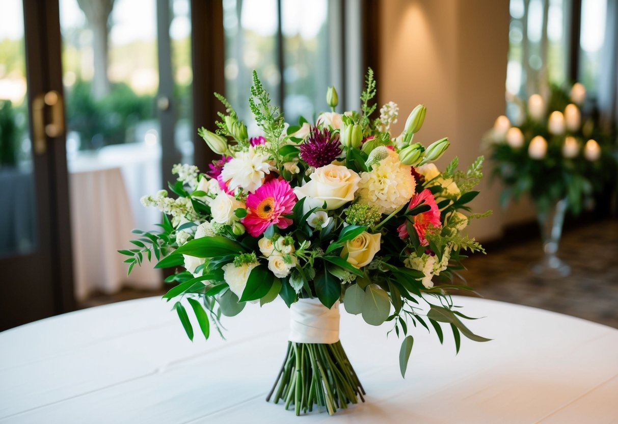 A beautiful bridal bouquet sits on a table, featuring a mix of vibrant flowers and greenery. It exudes elegance and romance, perfect for a wedding celebration