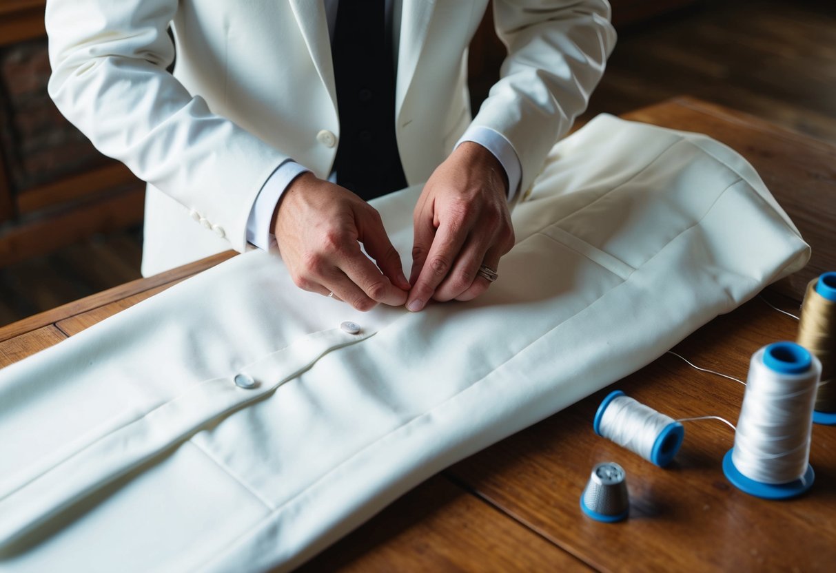 A tailor sews buttonholes on a pristine white wedding suit, surrounded by spools of thread and a thimble on a wooden table