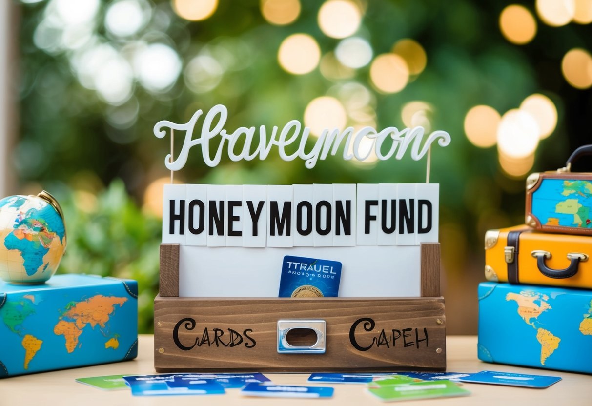A table with a decorative sign displaying "Honeymoon Fund" and a slot for cards, surrounded by travel-themed decorations