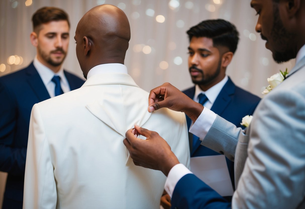 A tailor's hand sewing buttonholes on a white wedding suit jacket. A bride and groom stand nearby discussing payment