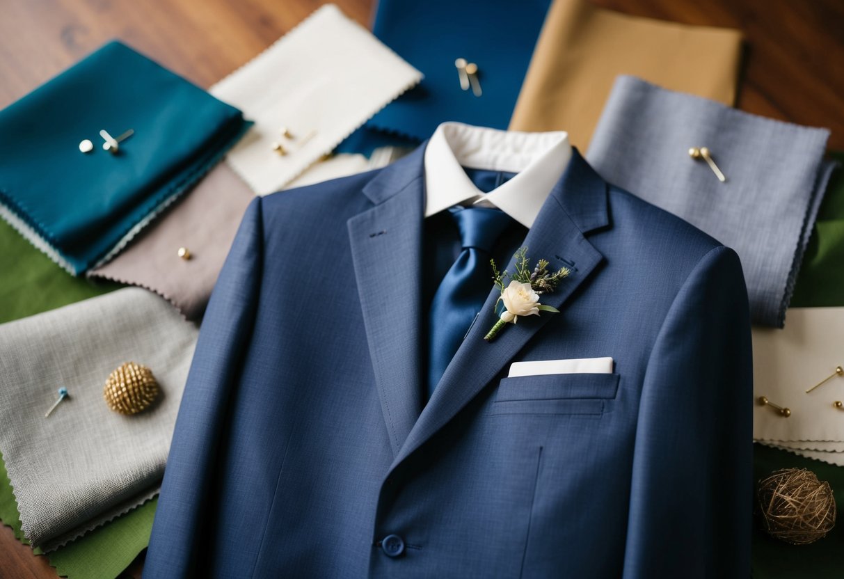 A groom's suit jacket with a buttonhole pinned on, surrounded by various other fabric swatches and pins