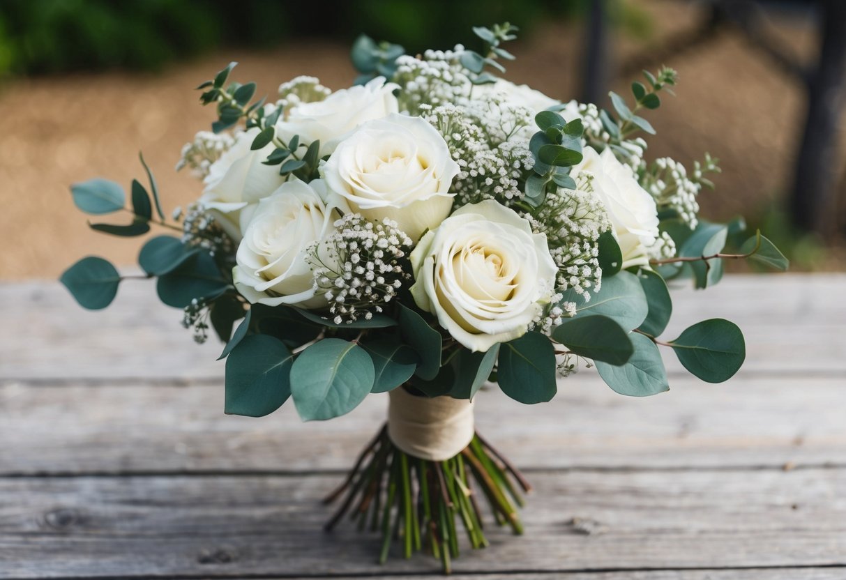 A bouquet of white roses, baby's breath, and eucalyptus arranged in a rustic, hand-tied style