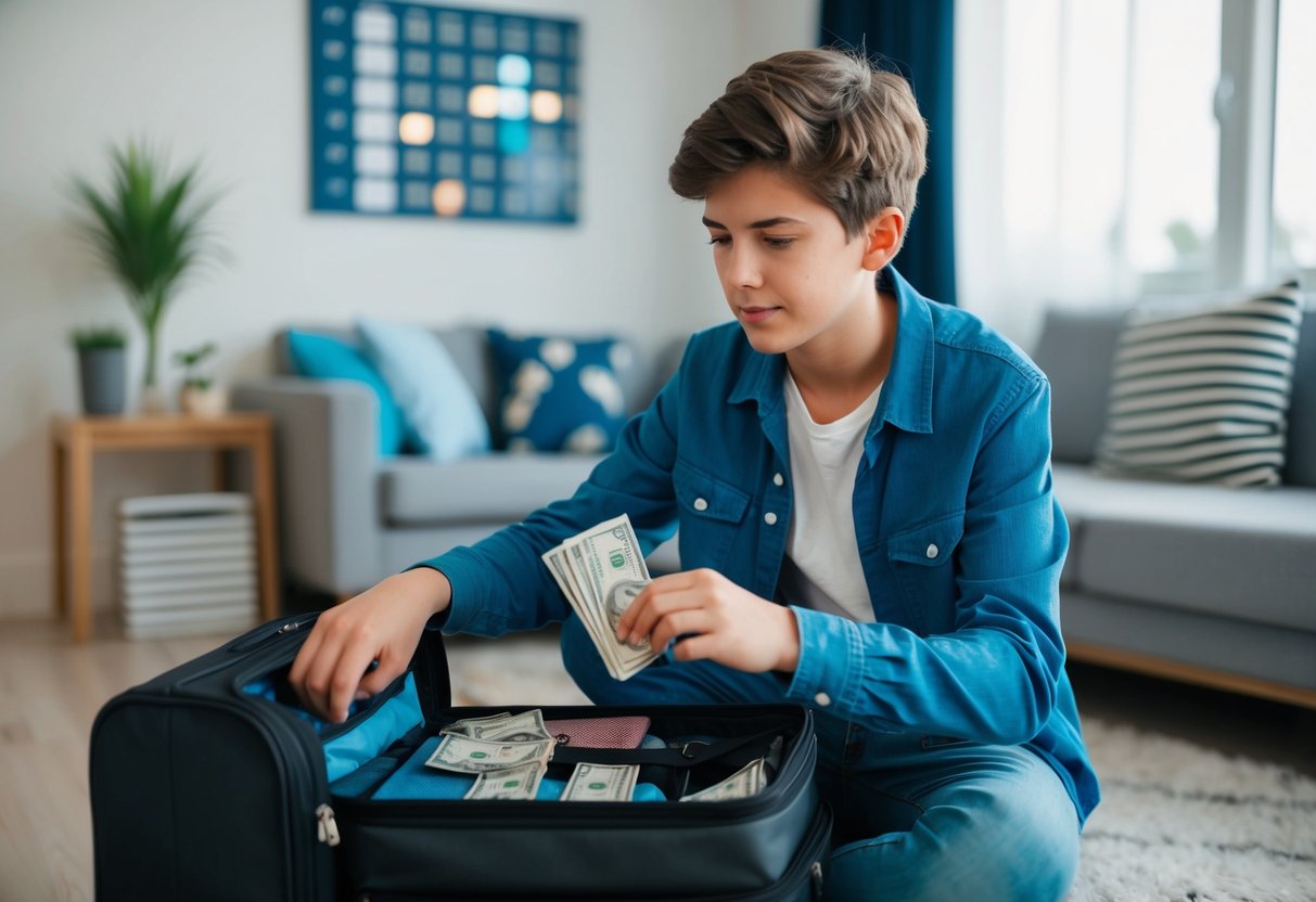 En 16-åring packar en resväska, räknar pengar och tittar på en hyresannons online. De kastar nervösa blickar på en kalender och en lista över utgifter.