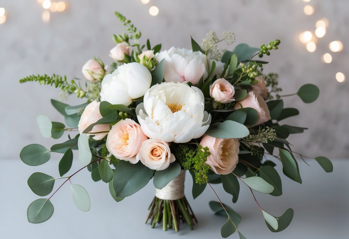 A lush bouquet of white peonies, blush roses, and eucalyptus leaves, arranged in a delicate, cascading design
