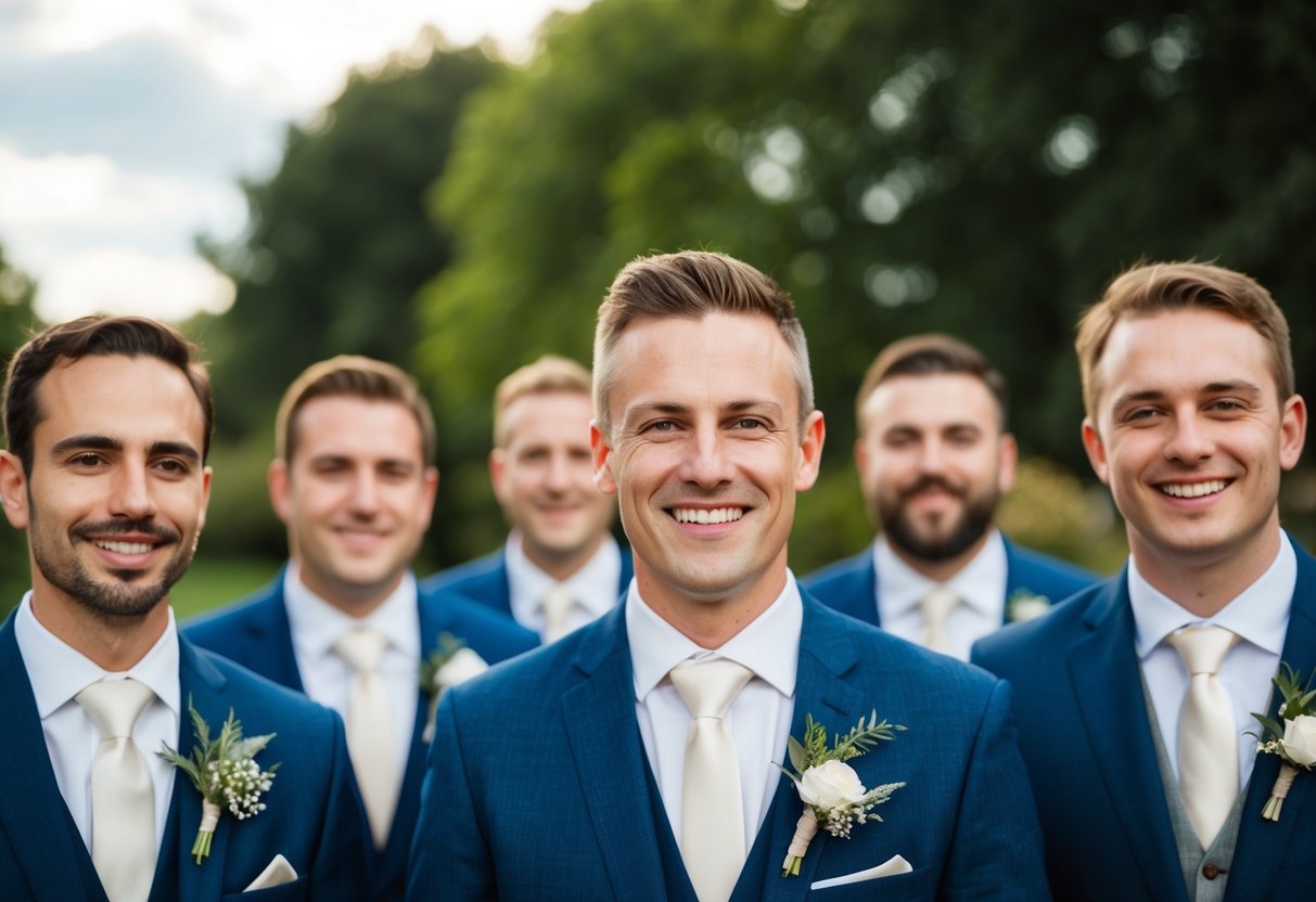 A group of men at a wedding, each wearing a buttonhole on their lapel