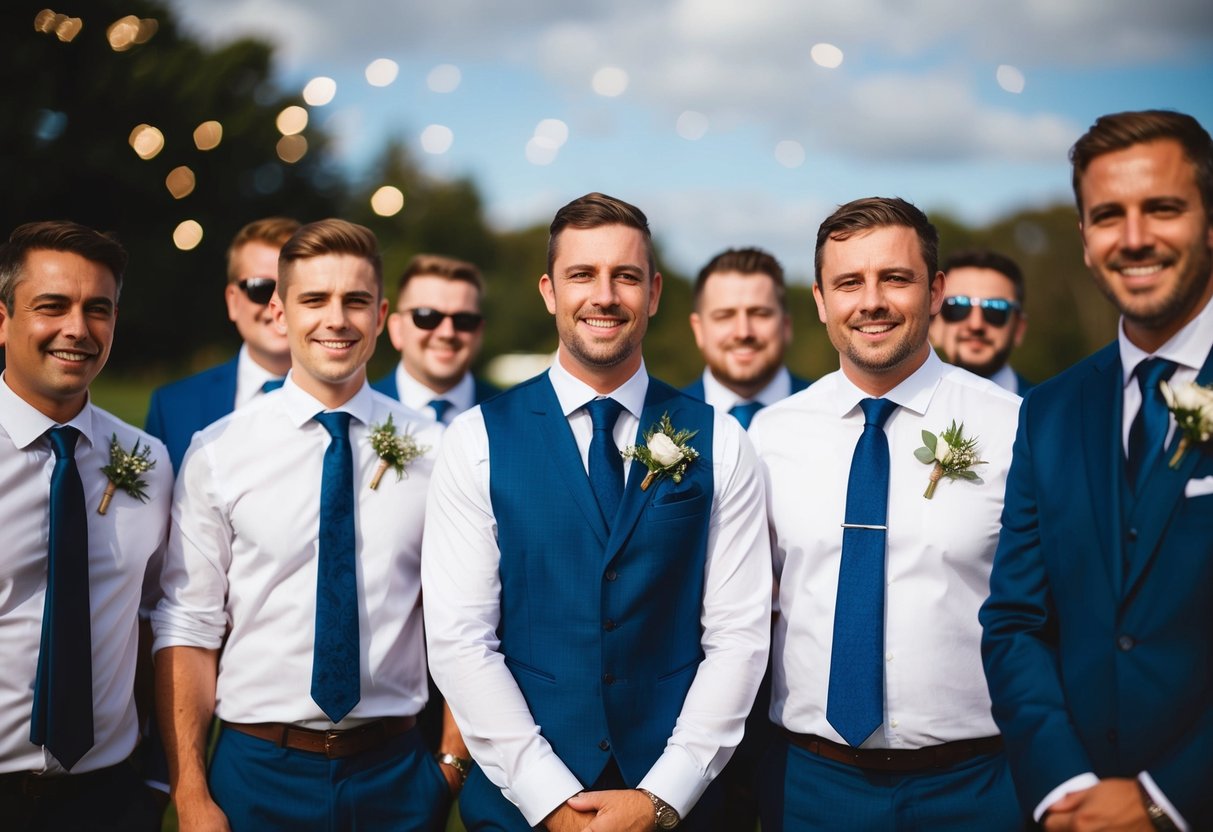 A group of male wedding guests wearing buttonholes on their lapels, standing together in a celebratory atmosphere