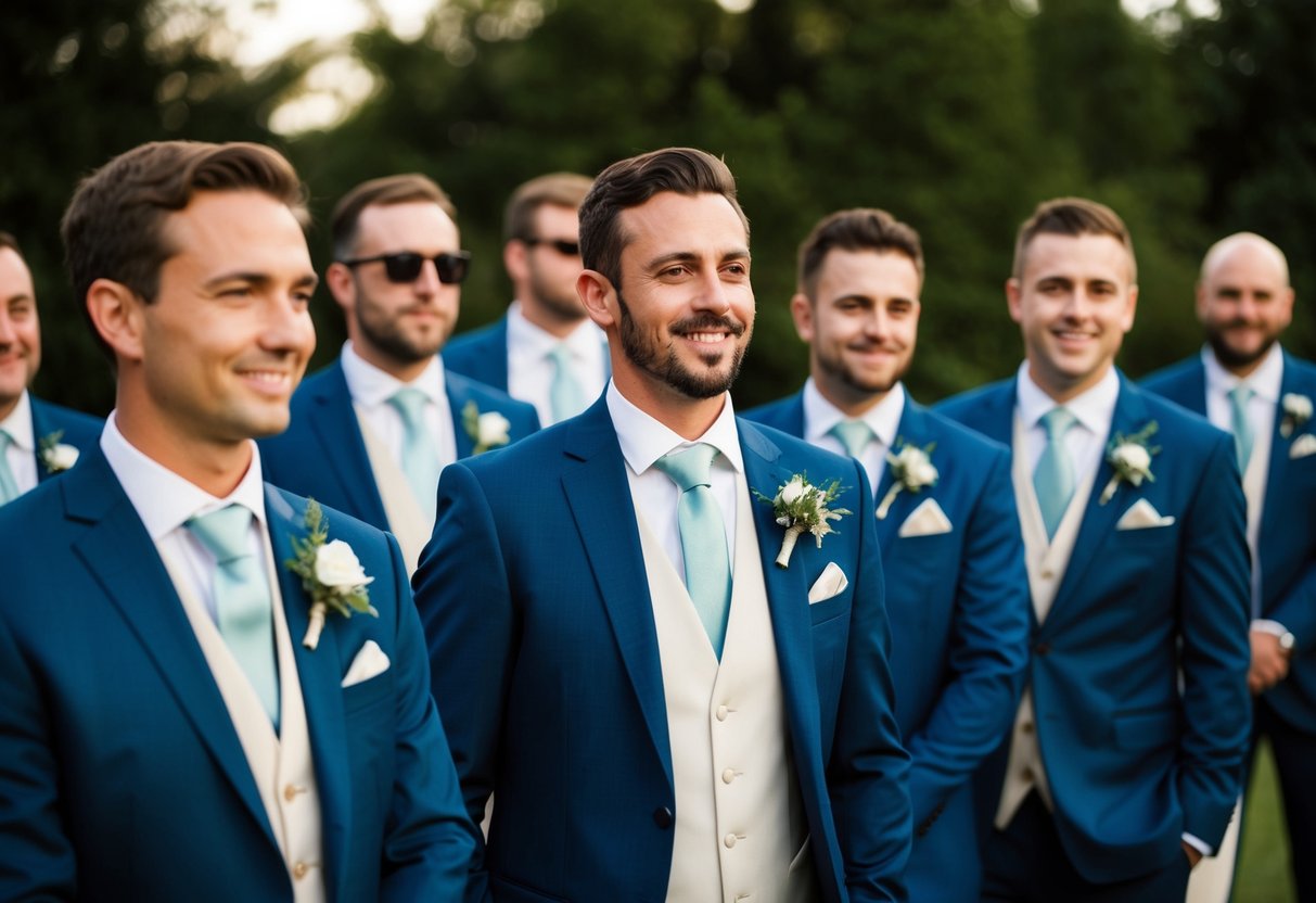 A group of well-dressed male wedding guests with buttonholes on their suit jackets