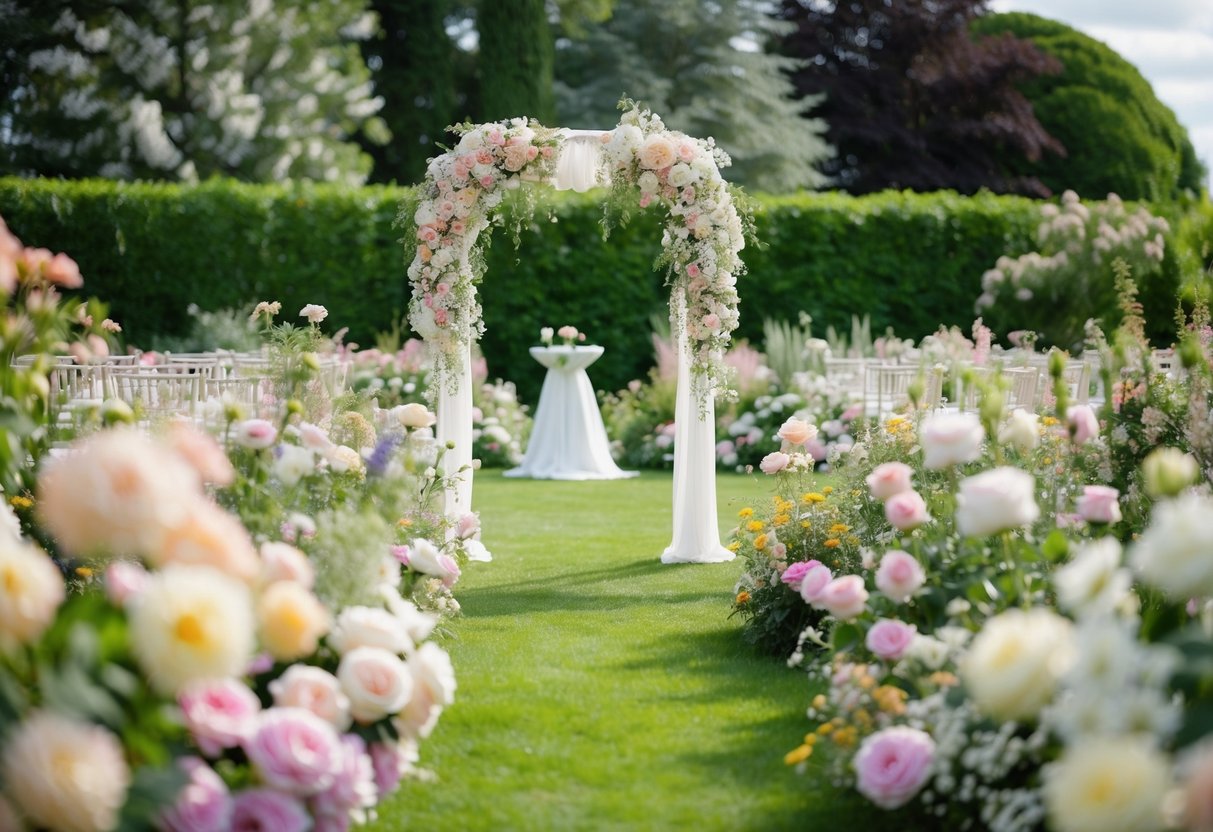 A lush garden filled with blooming flowers in various shades of soft, romantic pastel colors, with a focal point on a beautifully decorated wedding arch adorned with the most popular wedding color