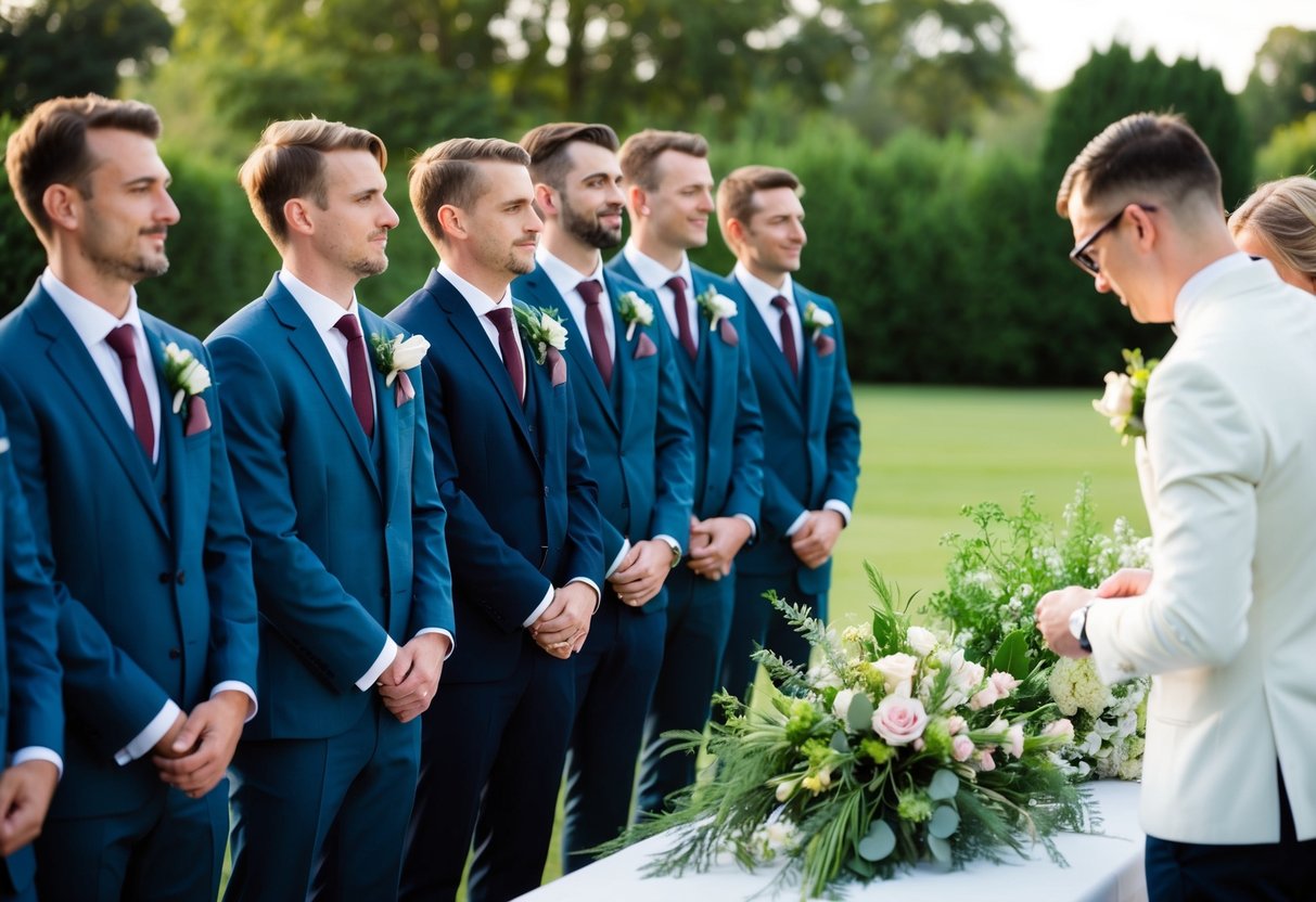 A group of male wedding guests stand in a line, each wearing a buttonhole flower pinned to their lapel. The florist arranges a variety of flowers and greenery on a table nearby