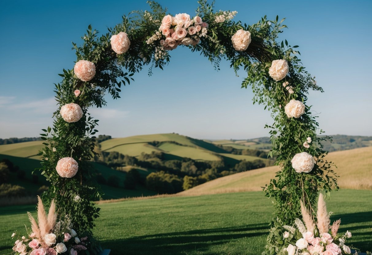 A beautiful wedding arch adorned with lush greenery and flowers in various shades of blush pink and ivory, set against a backdrop of rolling hills and a clear blue sky