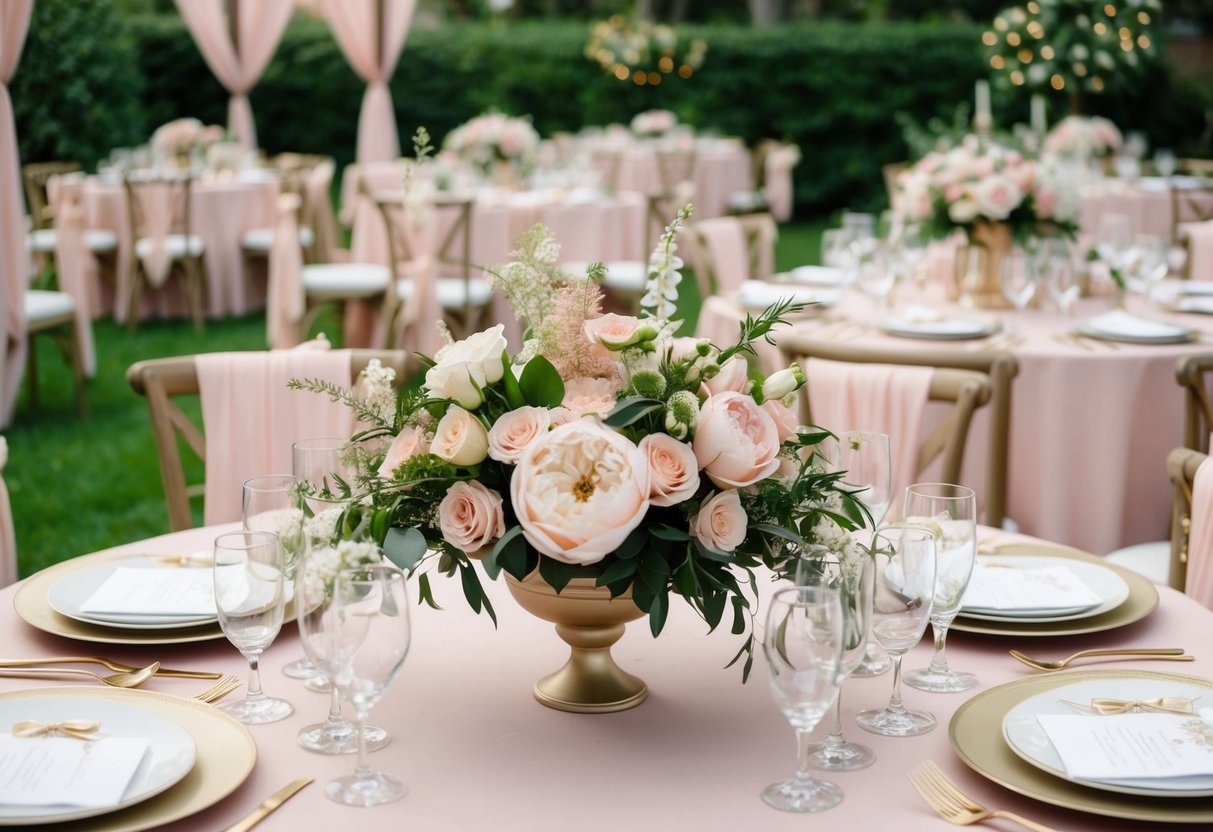 A lush garden wedding with a dominant color palette of soft blush pink, accented with gold and ivory details. Flowers, ribbons, and table settings all reflect this elegant color scheme