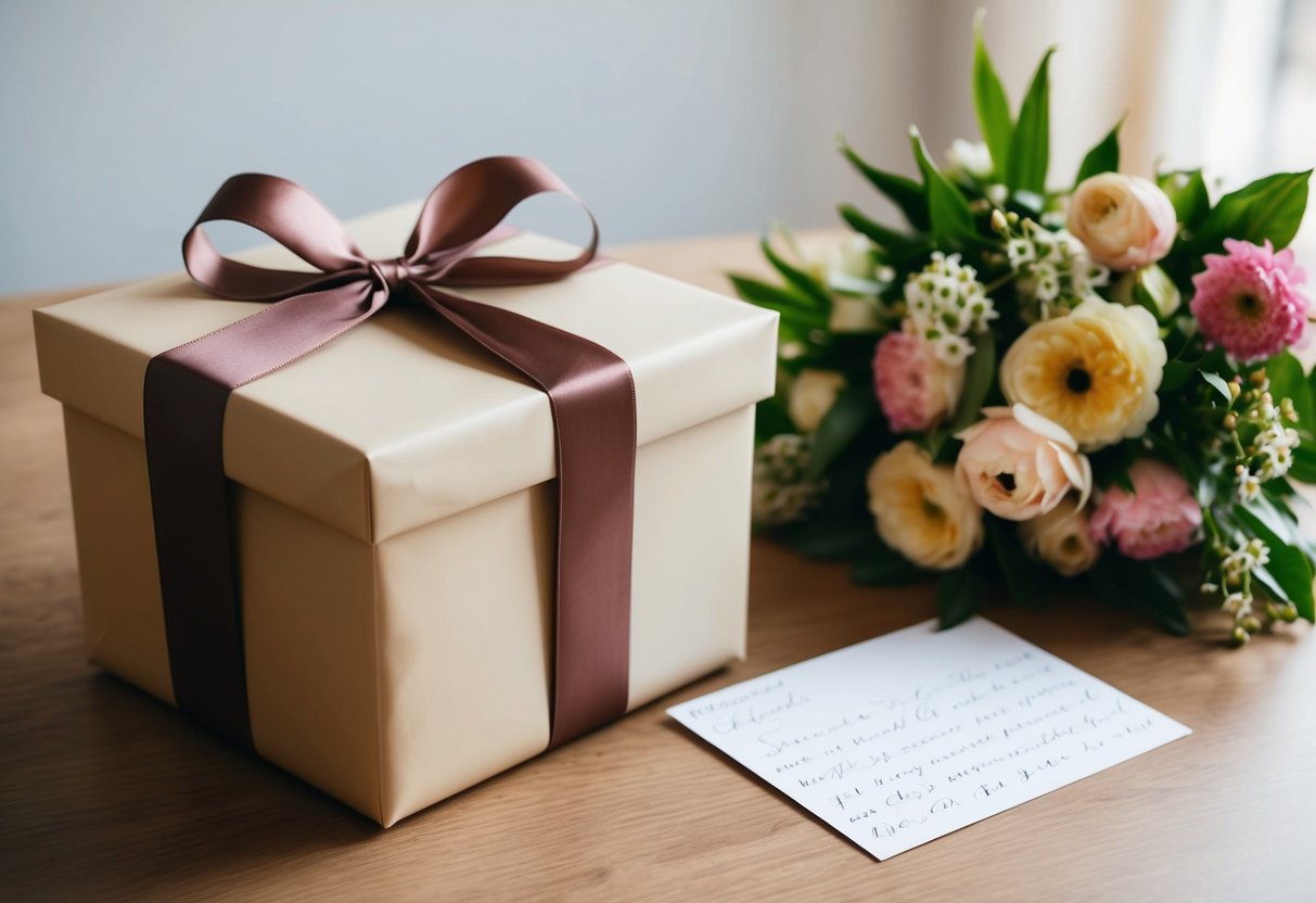 A beautifully wrapped gift box with a ribbon and bow, placed on a table alongside a handwritten card and a bouquet of flowers