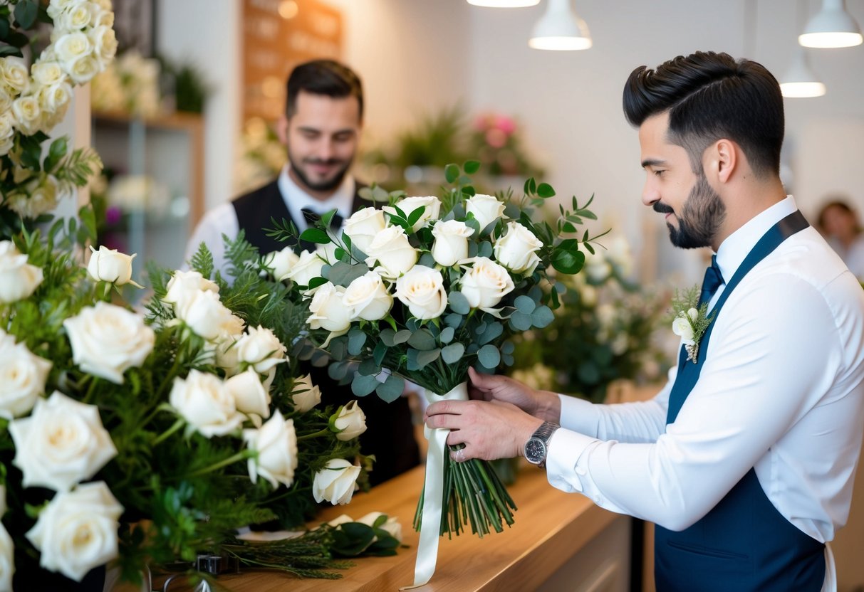 The groom pays for a bouquet of white roses and greenery at a floral shop