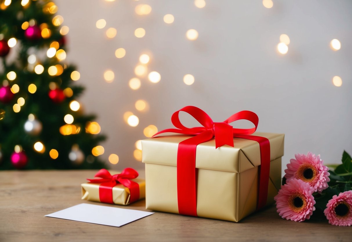 A scene of a beautifully wrapped gift box with a ribbon and bow, placed on a table with a card and flowers nearby