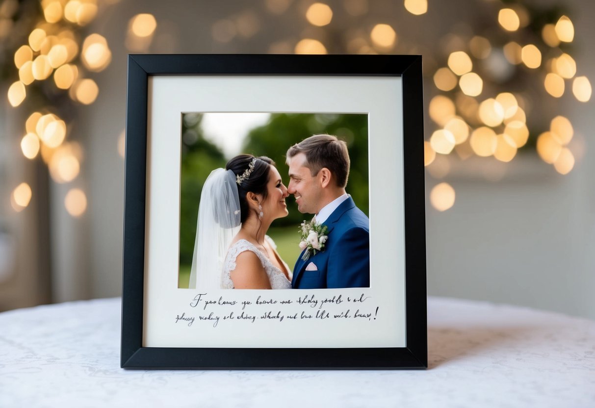 A framed wedding photo of the couple with a handwritten note from the parents expressing their love and well wishes