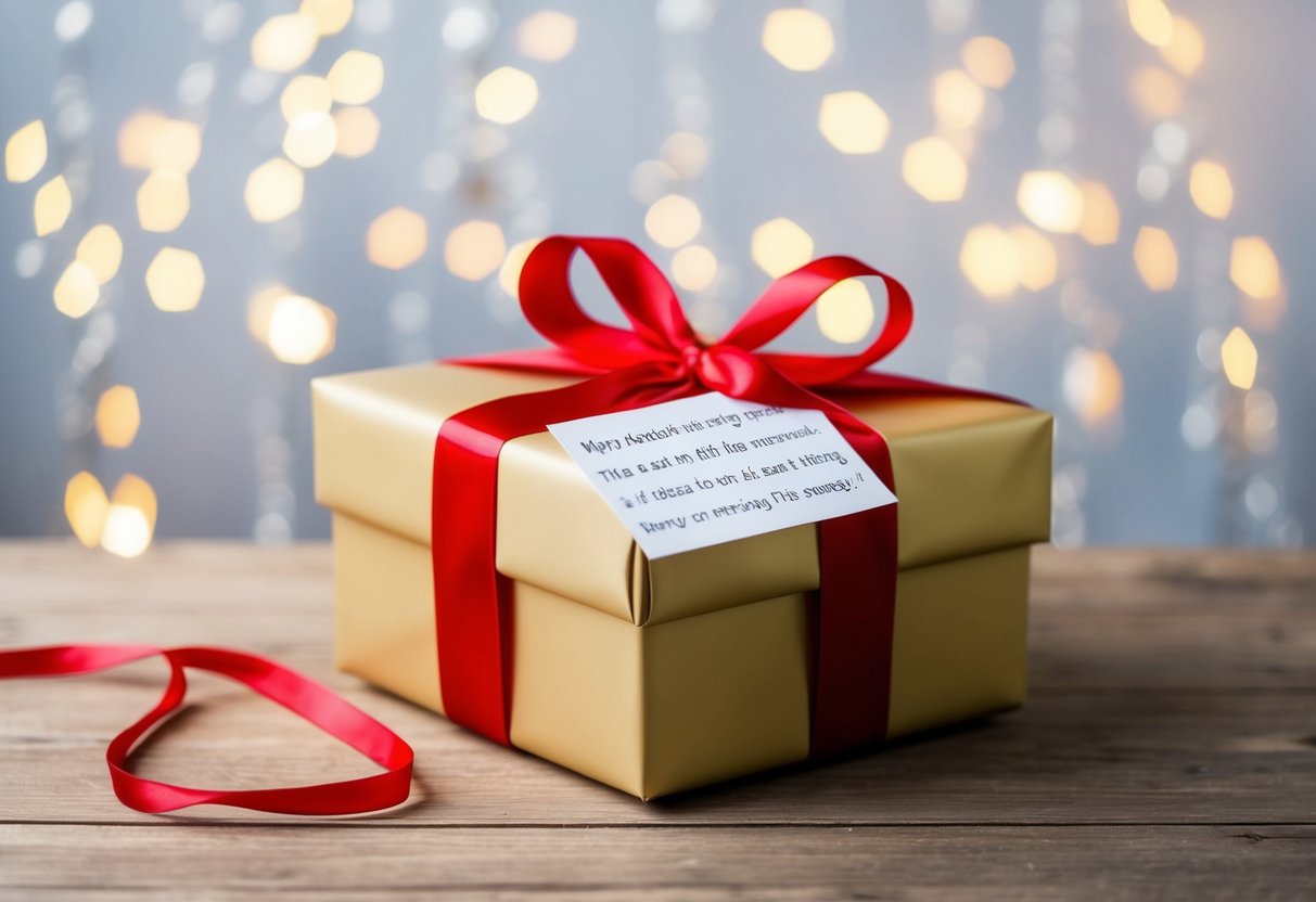 A beautifully wrapped gift box with a ribbon and a personalized message card