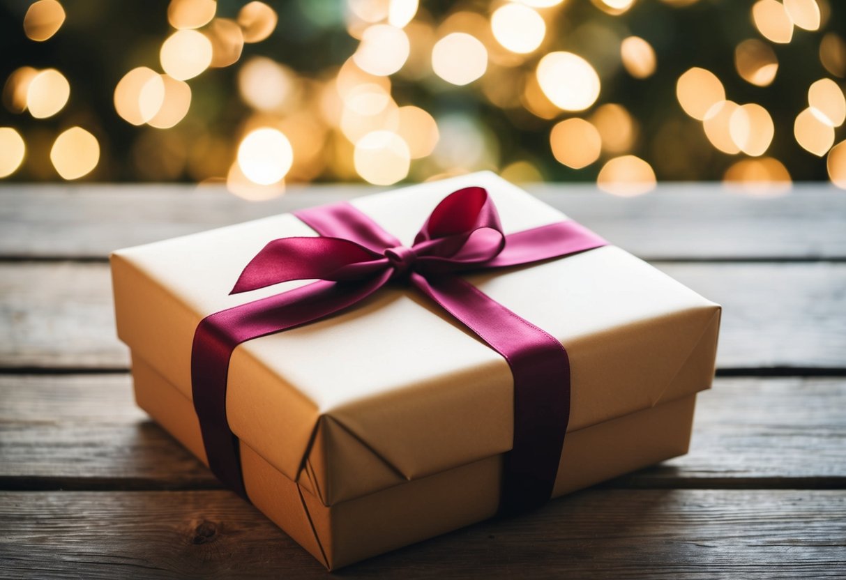 A beautifully wrapped gift box with a ribbon and bow, containing a thoughtful and sentimental present such as a family heirloom or a generous monetary contribution