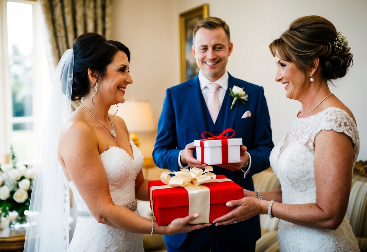 The mother of the groom presents a gift to the bride