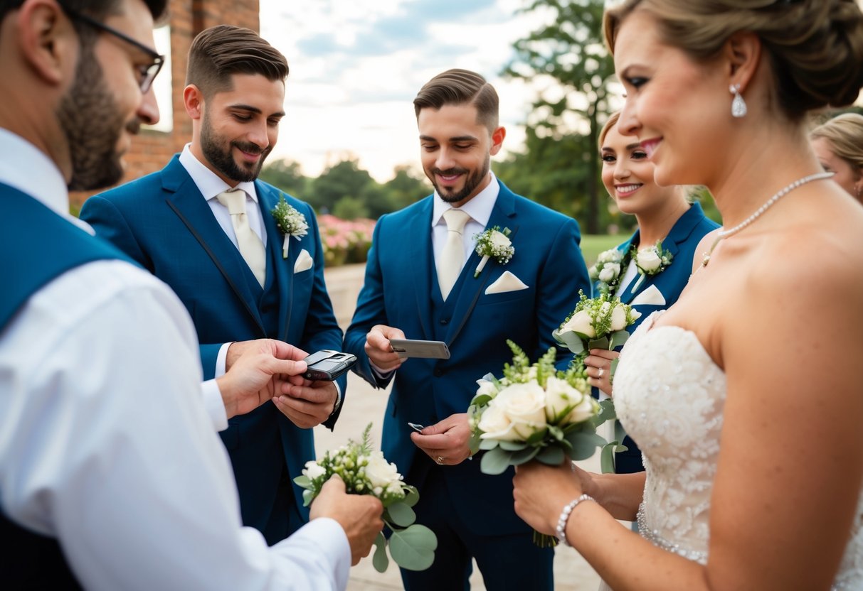 The groom selects and pays for the boutonnieres and corsages for the wedding party