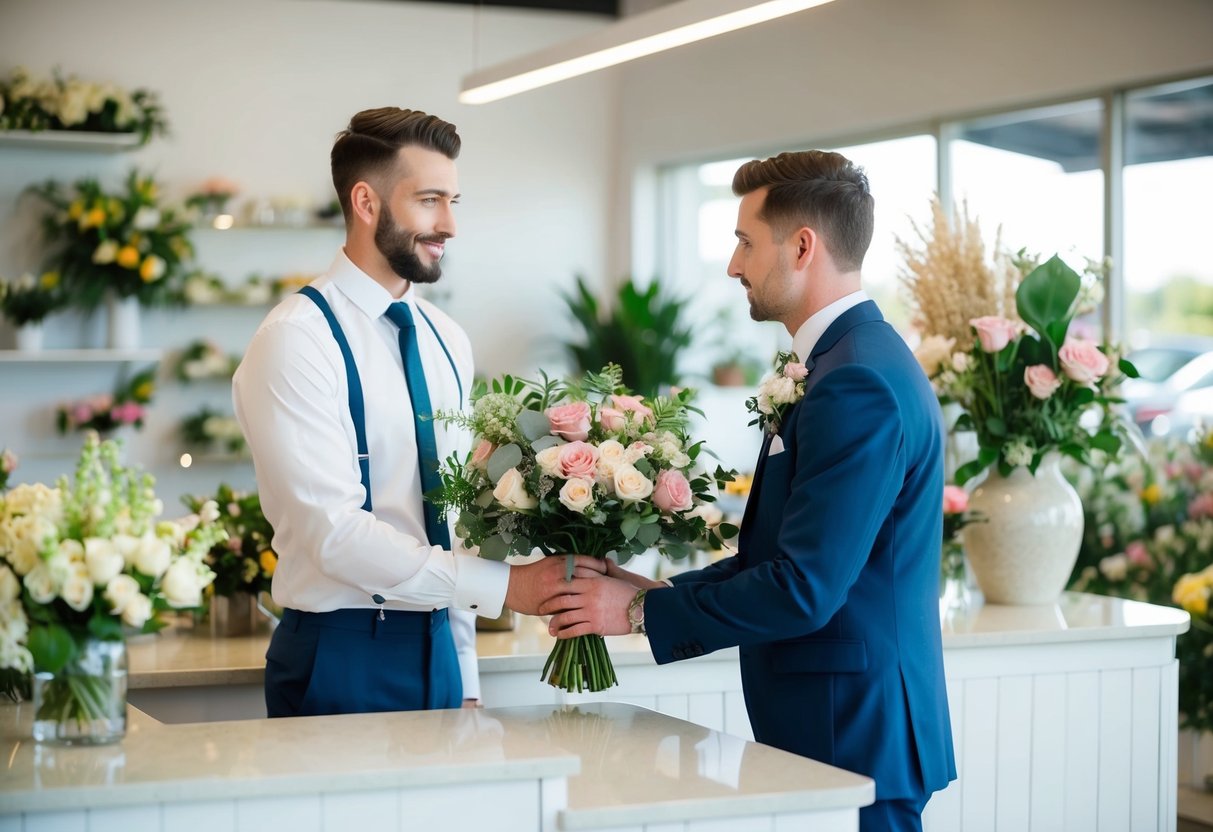 A groom holding a bouquet of flowers while standing at a floral shop counter, discussing options with a florist
