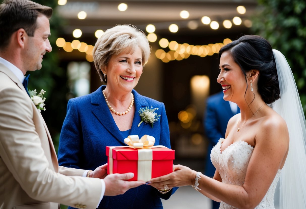 The mother of the groom presents a gift to the bride, symbolizing their new relationship and expressing gratitude