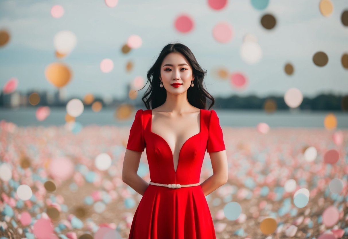 A woman in a bright red dress surrounded by a sea of pastel and neutral tones