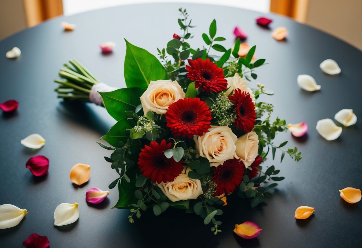 A bouquet rests on a table, surrounded by scattered petals and foliage