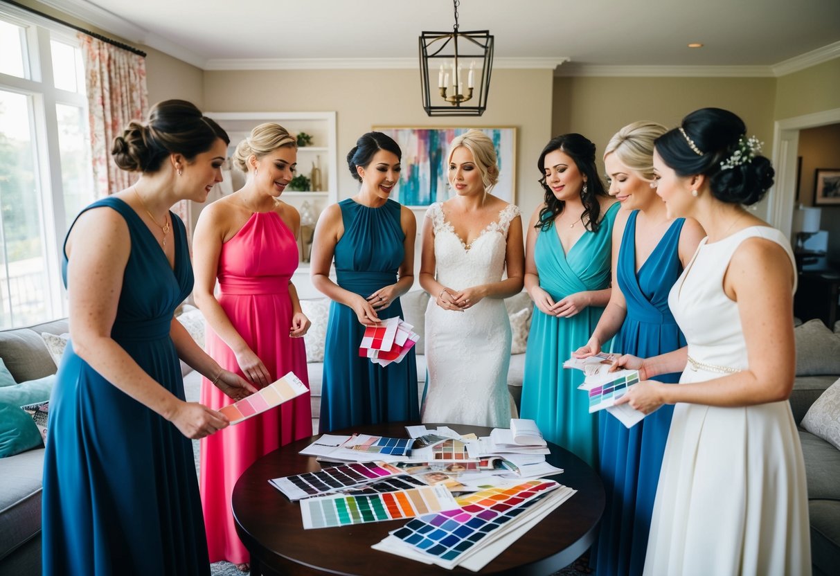 A group of bridesmaids and the bride's mother discussing color swatches and dresses in a cozy living room