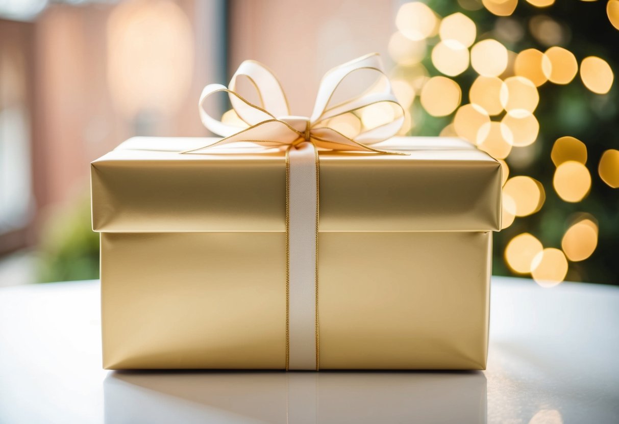 A beautifully wrapped gift box with a ribbon and bow, containing items suitable for both the bride and groom