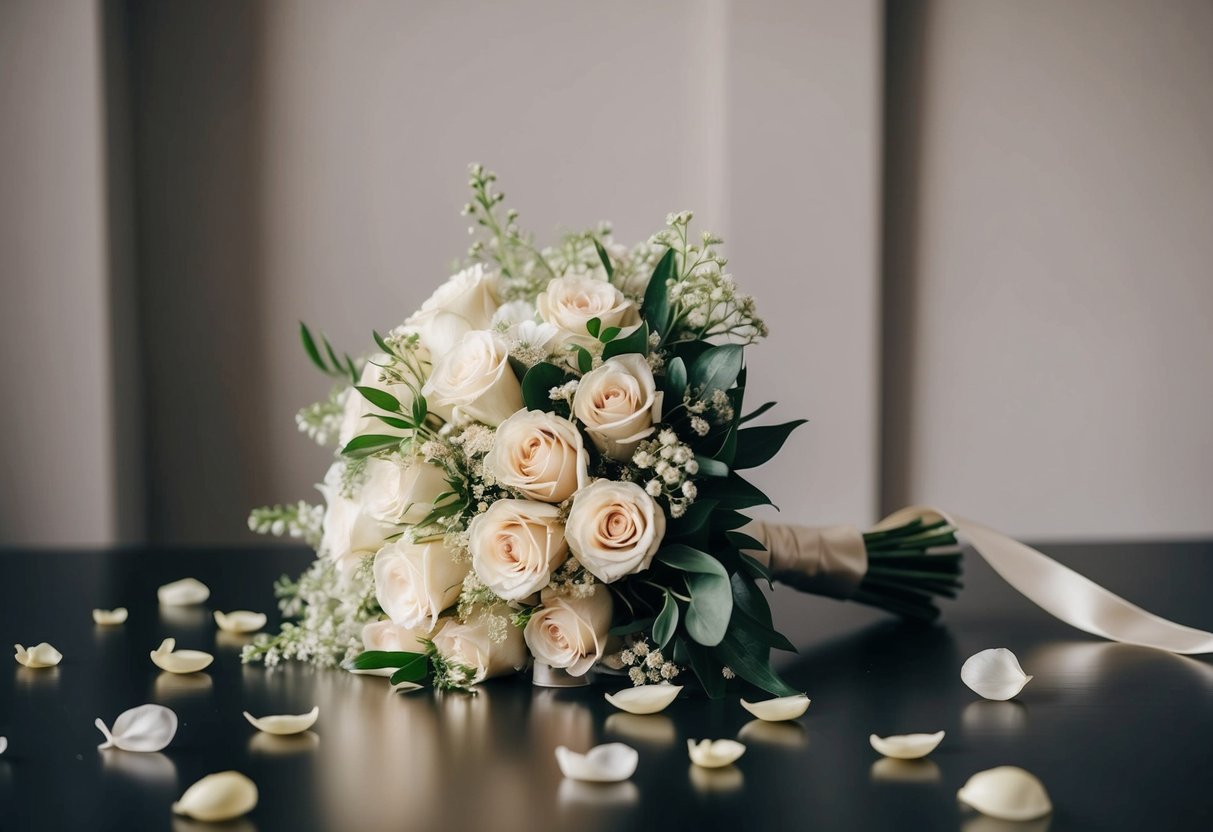 A delicate bouquet rests on a table, surrounded by scattered petals and ribbon