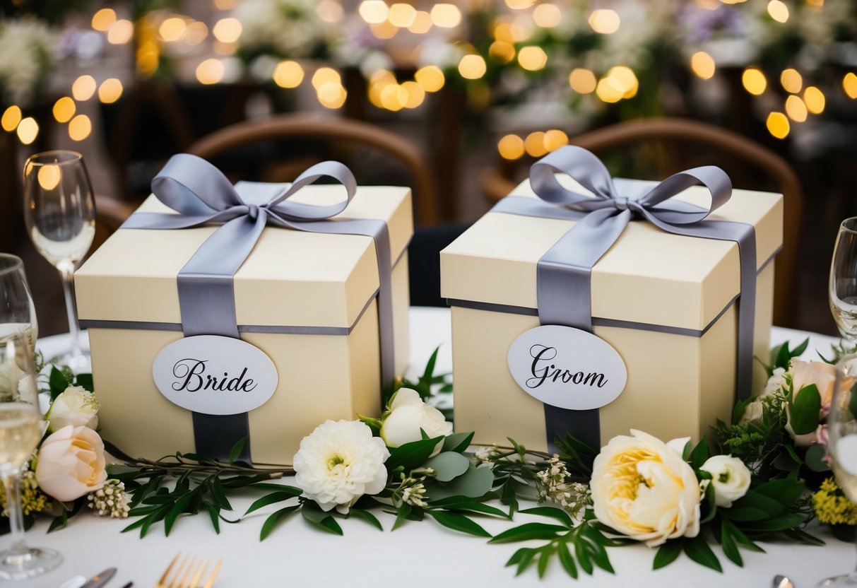 A table set with two elegant gift boxes, one labeled for the bride and the other for the groom, surrounded by flowers and wedding decor